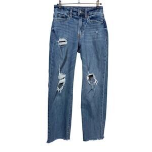 Old Navy O.G. Loose Jeans Womens 0 Blue High Rise Curvy Distressed Raw Hem